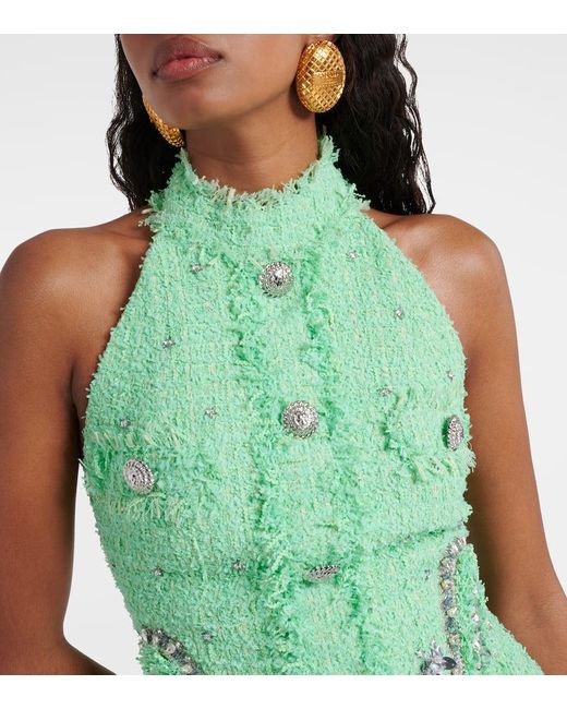 Balmain Green Verziertes Minikleid aus Tweed