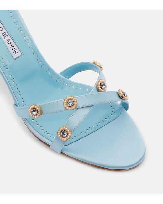 Manolo Blahnik Blue Pyrenea Embellished Satin Mules