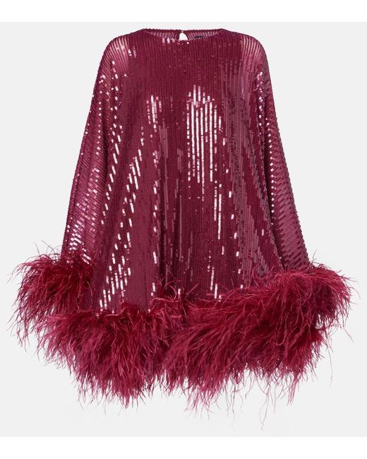 ‎Taller Marmo Red Vegas Sequined Feather-Trimmed Chiffon Kaftan