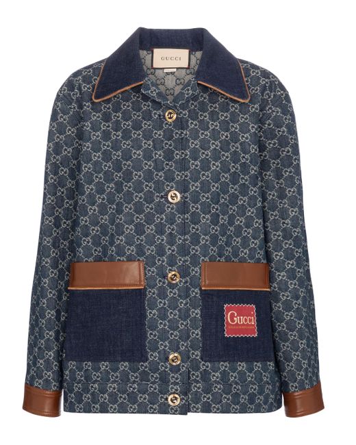 Gucci Blue GG Leather-trimmed Denim Jacket