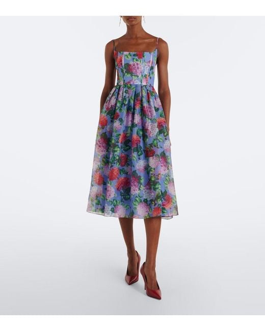 Carolina Herrera Blue Floral Silk Crepe Cocktail Dress