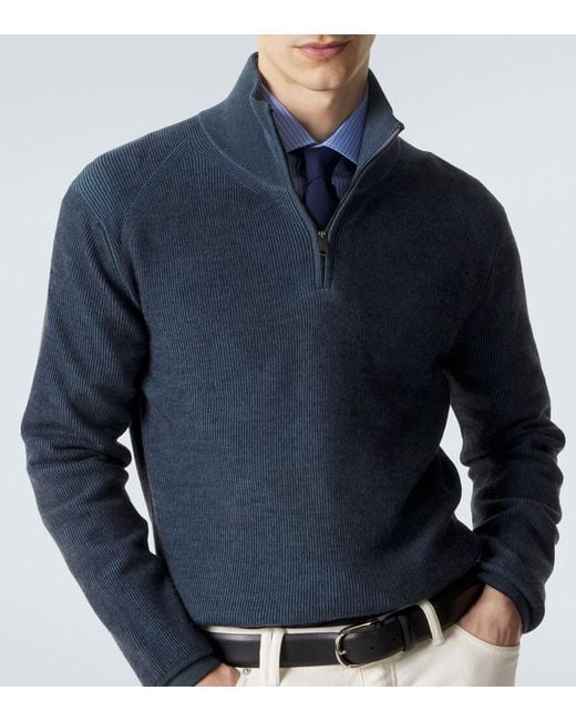 Brioni Blue Cashmere And Wool Half-Zip Sweater for men