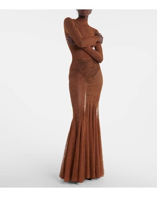 David Koma Brown Sheer Lace Gown