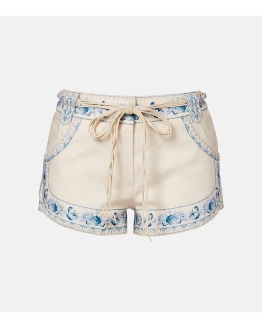 Zimmermann White Wanderlust Belted Floral Linen Shorts