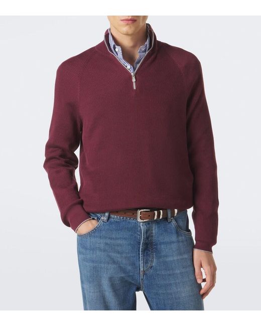 Brunello Cucinelli Red Ribbed-Knit Cotton Sweater for men