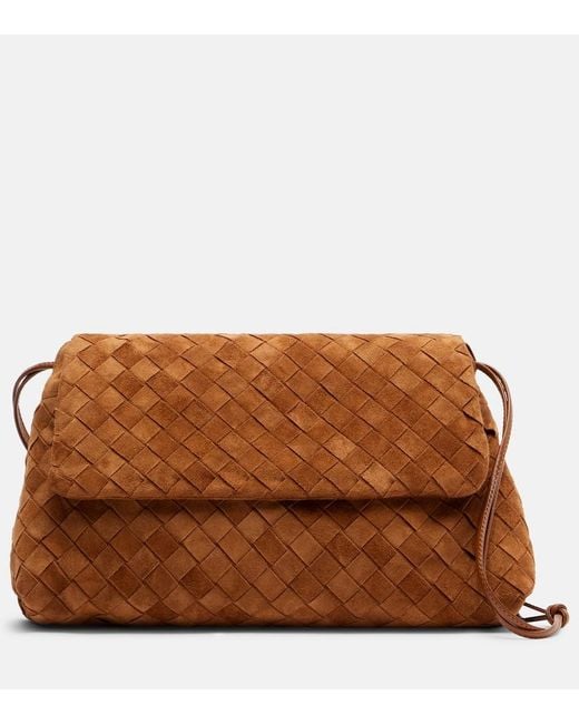 Bottega Veneta Brown Giorno Intrecciato Suede Shoulder Bag