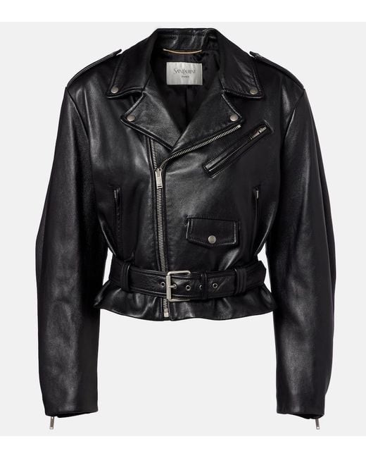 Saint Laurent Black Cropped Leather Biker Jacket