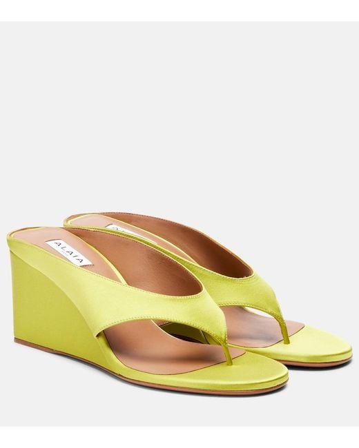 Alaïa Yellow Cube Satin Wedge Thong Sandals