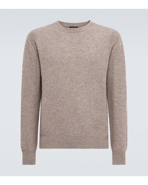 Zegna Gray Ribbed-Knit Cashmere Sweater for men