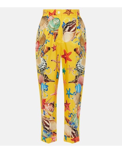 Dolce & Gabbana Yellow Capri Printed High-Rise Cotton Tapered Pants
