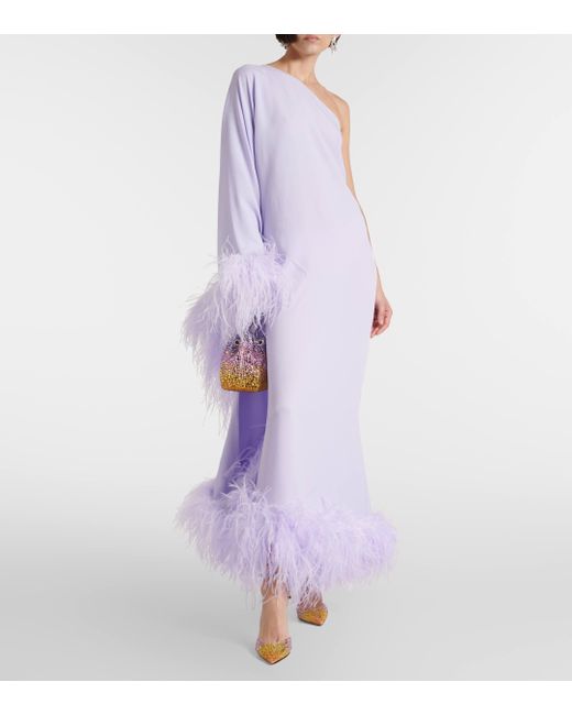 ‎Taller Marmo Purple Balear Feather-trimmed One-shoulder Crepe Gown
