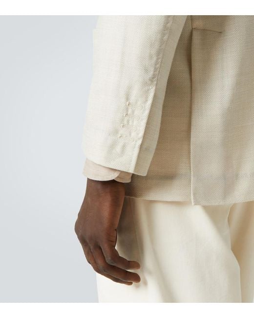 Rubinacci Natural Herringbone Wool, Silk, And Linen Blazer for men