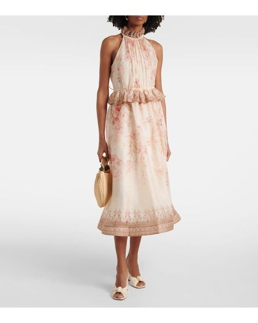 Vestido Midi Illuminate De Lino Y Seda Floral Zimmermann de color Natural