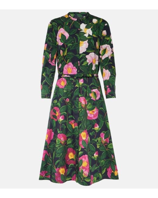 Oscar de la Renta Green Floral Cotton-blend Shirt Dress