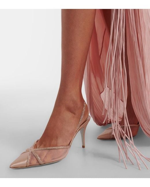 Rene Caovilla Pink Embellished Satin And Mesh Slingback Pumps
