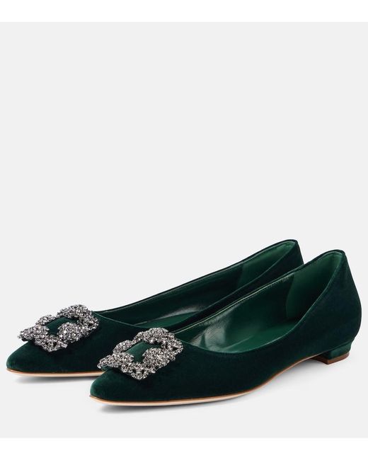 Manolo Blahnik Green Hangisi Embellished Velvet Ballet Flats