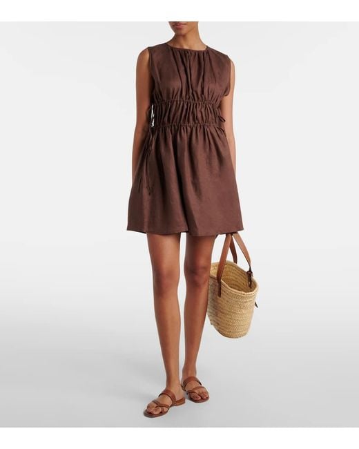 Asceno Brown Gathered Linen Minidress