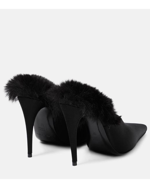 Magda Butrym Black Faux Fur-Trimmed Satin Mules