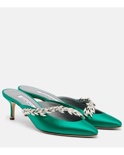 Balenciaga Green X Manolo Blahnik Embellished Satin Mules