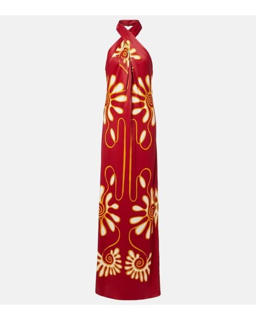 Cala De La Cruz Red Oliviera Printed Halterneck Maxi Dress