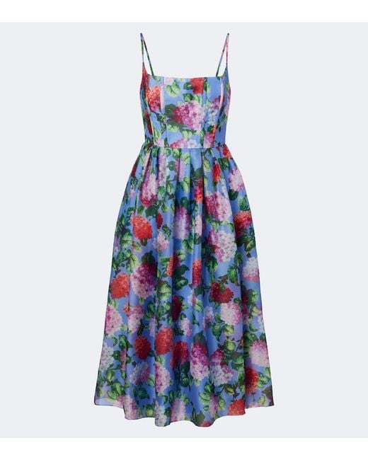 Carolina Herrera Blue Floral Silk Crepe Cocktail Dress
