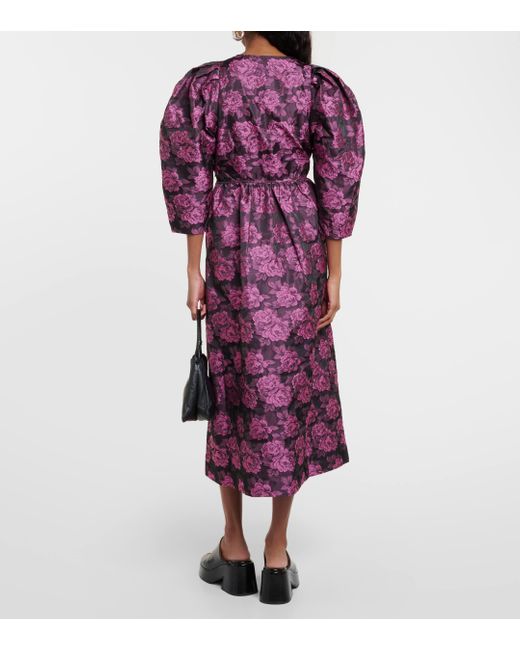 Ganni Purple Floral Jacquard Midi Dress
