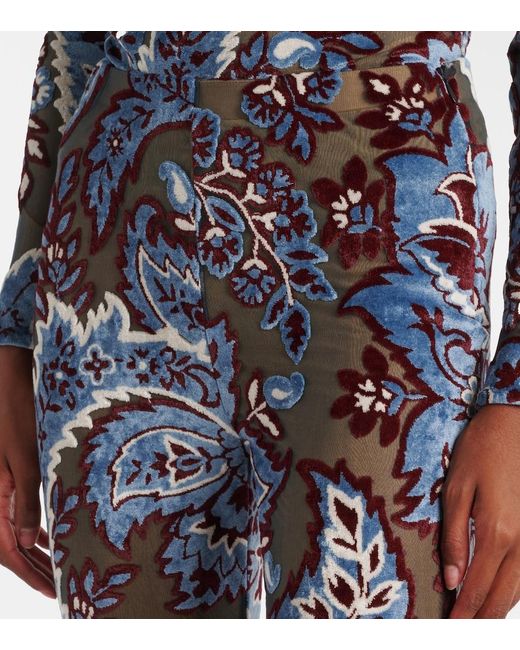 Etro Blue Floral Velvet Jacquard Flared Pants