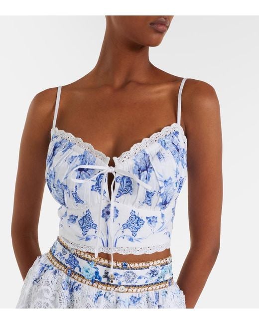 Camilla Blue Printed Lace-Trimmed Linen Bra Top