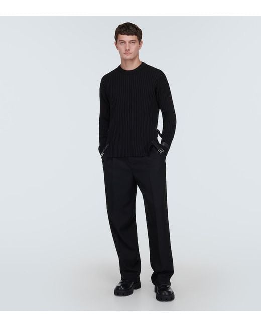 Versace Black Leather-Trimmed Knit Wool Sweater for men