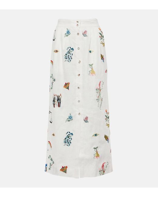 ALÉMAIS White Atticus Embroidered Linen Midi Skirt