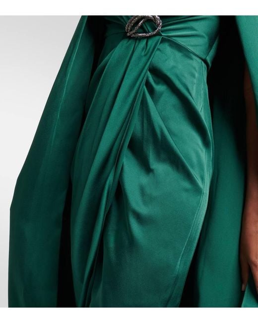 Safiyaa Green Irene Cape-effect Crystal-embellished Satin Gown