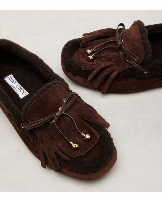 Jimmy Choo Brown Manon Shearling-Trimmed Suede Boat Shoes