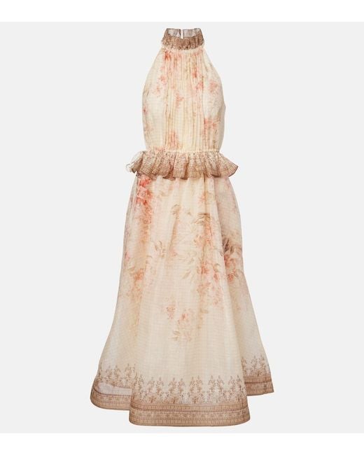 Zimmermann Natural Illuminate Floral Linen And Silk Midi Dress