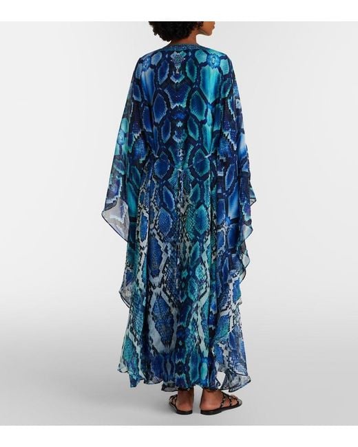 Camilla Blue Embellished Printed Silk Kaftan