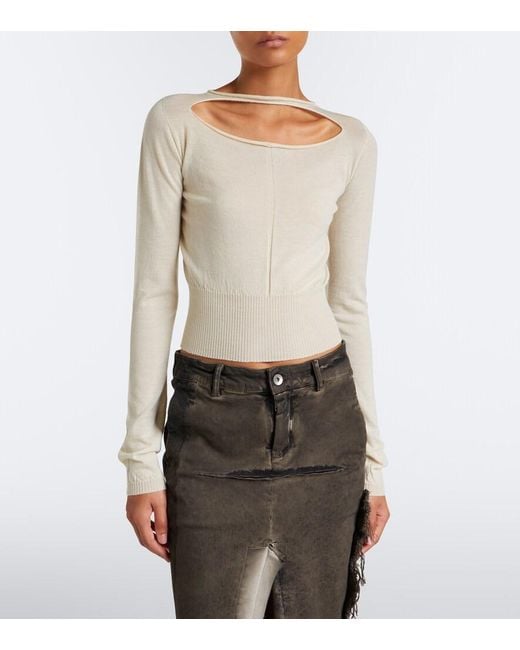 Rick Owens White Slashed Cut-Out Cropped Virgin Wool Sweater