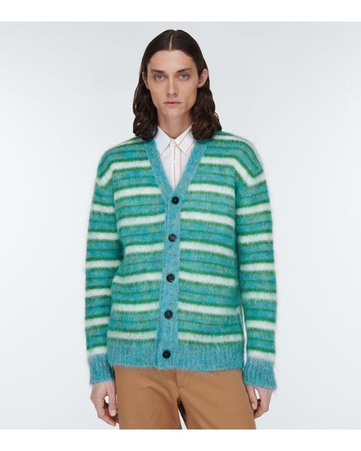 Marni Green Striped Mohair-Blend Cardigan for men