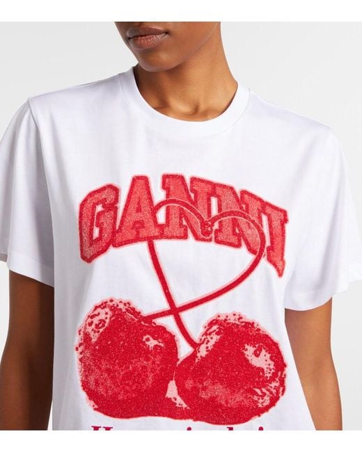 Ganni White Logo Embellished Cotton Jersey T-Shirt