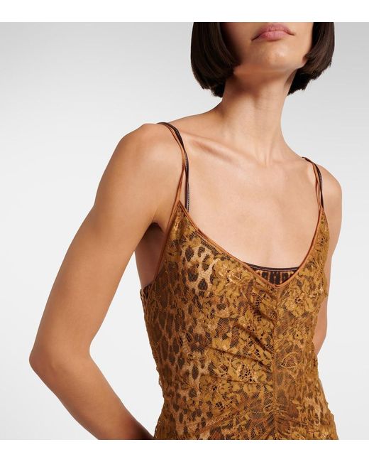JACQUES WEI Brown Silk-Trimmed Lace Maxi Dress
