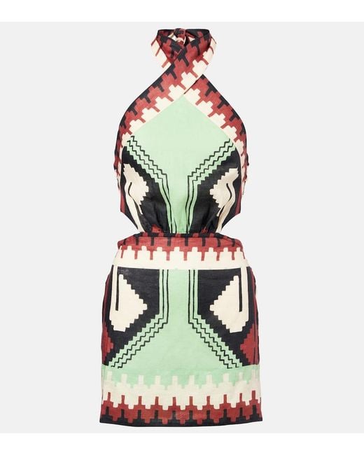 Johanna Ortiz Green Printed Halterneck Linen Minidress