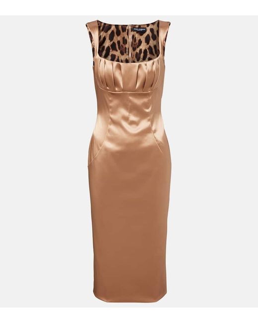 Dolce Gabbana Women's Brown Pleated Satin Midi Dress