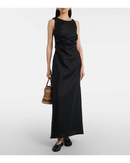 Faithfull The Brand Black Midikleid Cera Aus Leinen