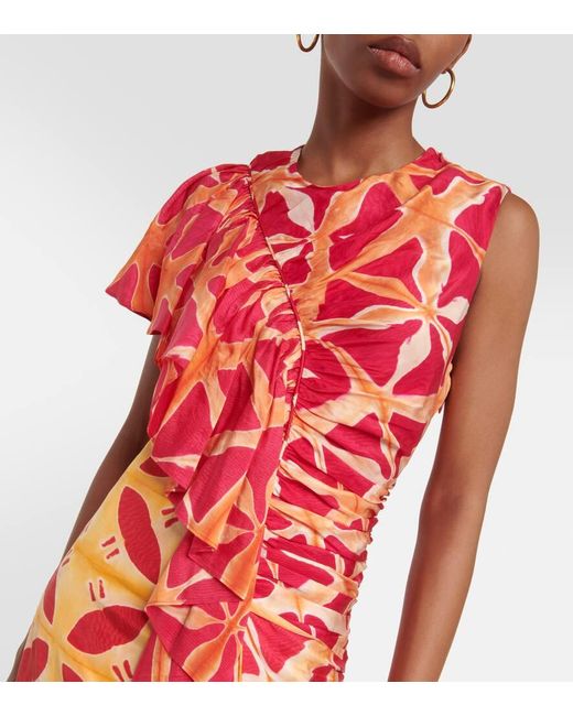 Ulla Johnson Red Lali Ruched Ruffled Printed Silk Gown