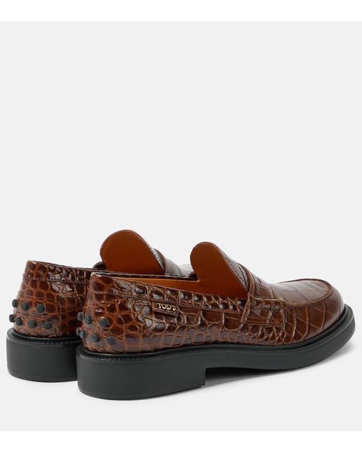 Tod's Brown Croc-Effect Leather Penny Loafers