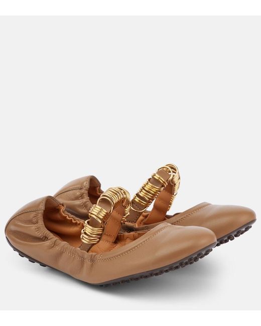 Tod's Brown Embellished Leather Mary Jane Flats