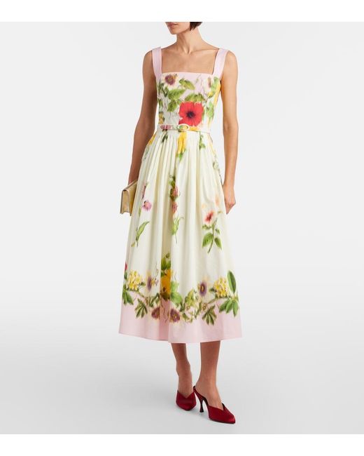 Oscar de la Renta White Belted Floral Cotton-Blend Poplin Midi Dress