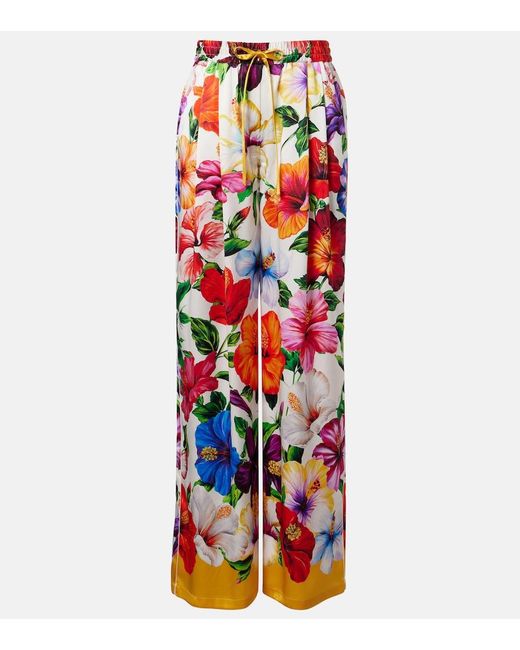 Dolce & Gabbana Red Floral Silk-Blend Satin Palazzo Pants