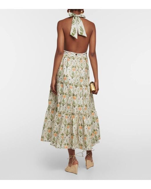 Agua Bendita Metallic Consuelo Lunar Embroidered Linen Midi Dress