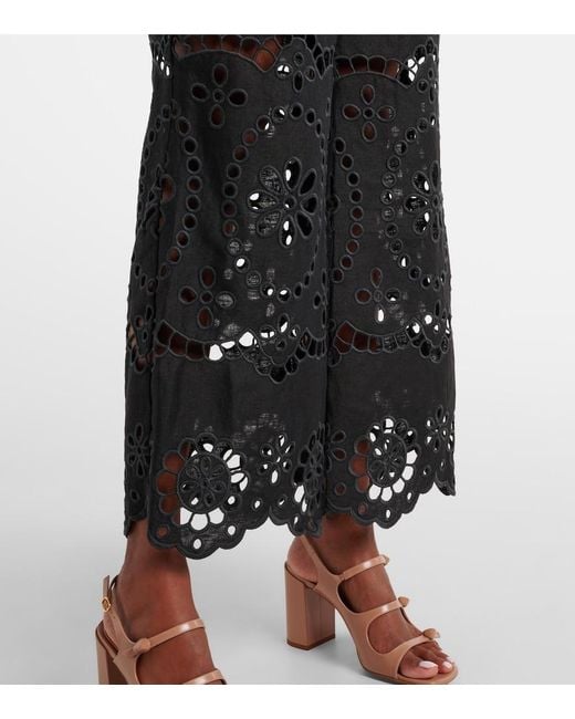 Zimmermann Black Pop Embroidered Linen Wide-Leg Pants