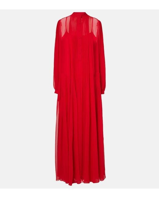 Costarellos Red Clarinda Pleated Silk Georgette Maxi Dress