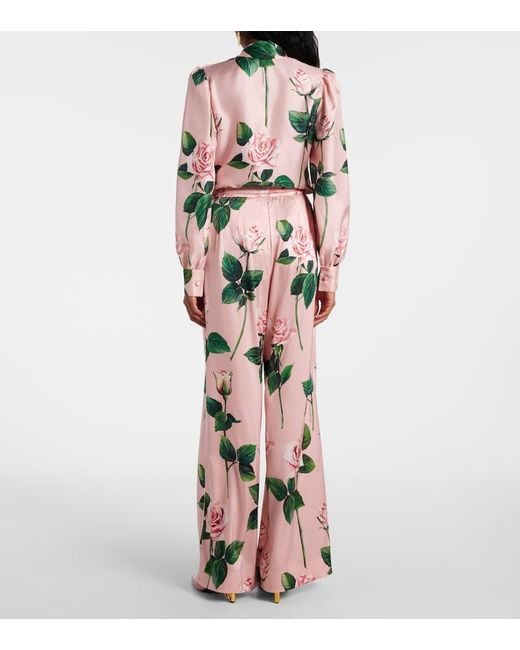 Dolce & Gabbana Pink Rose Print Stretch Silk Pajama Pants